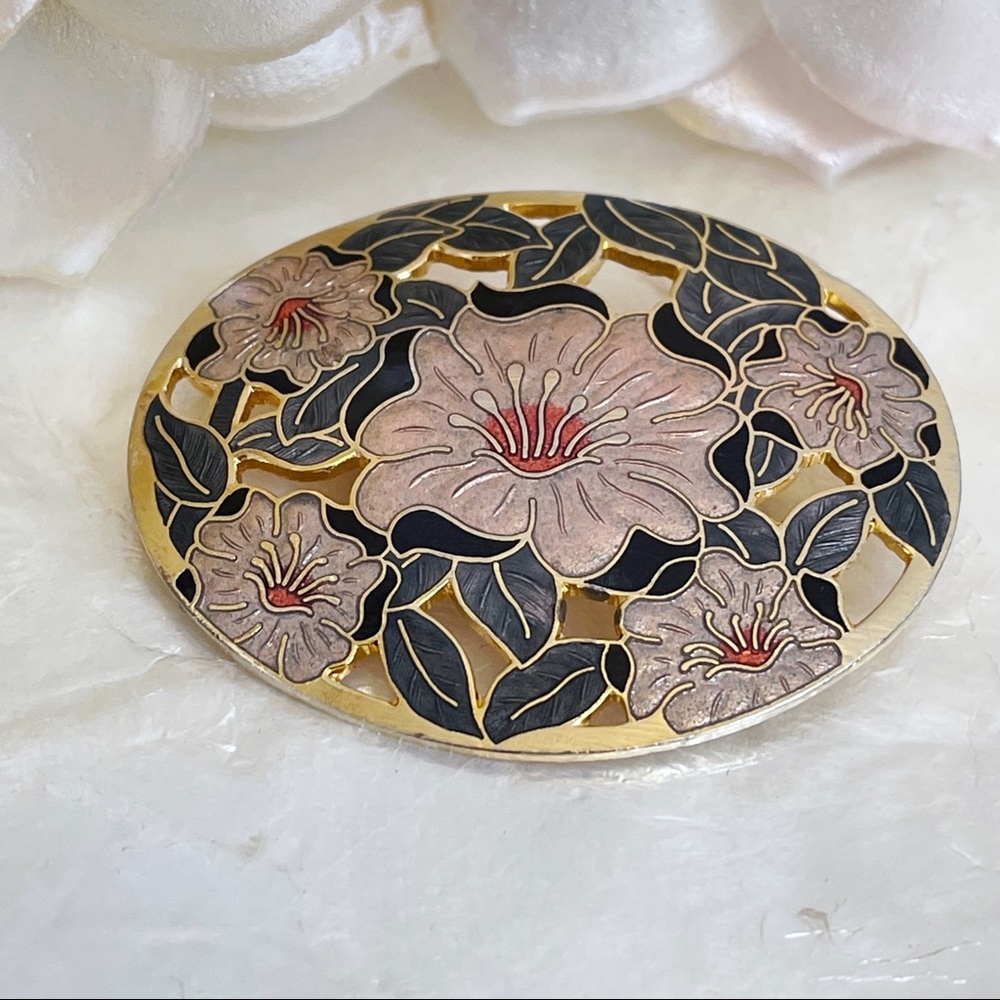 Vtg Fish Cloisonné Pink Green Enamel Floral Brooch
